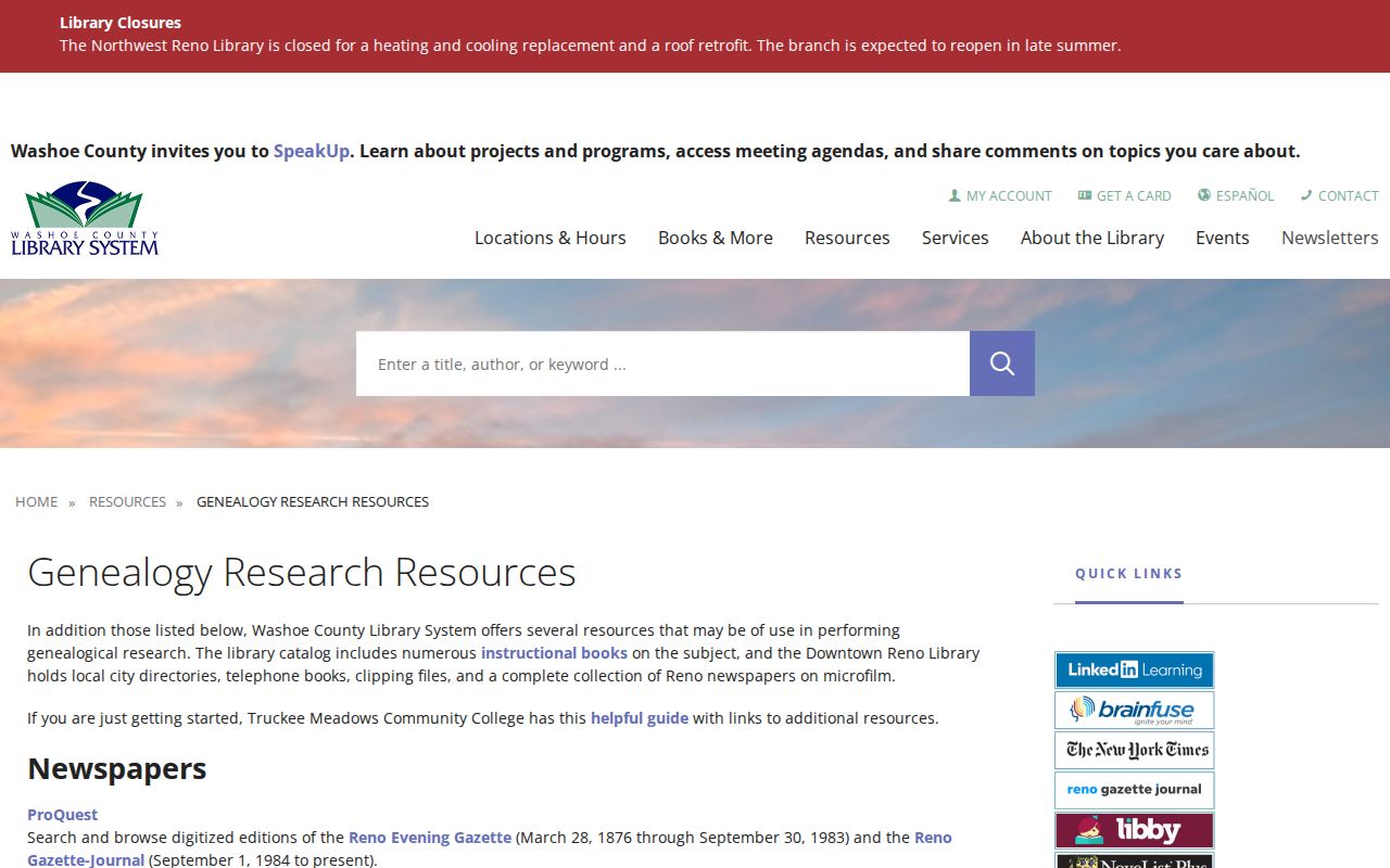 Sparks people directories source at Washoe County Library genealogy resources