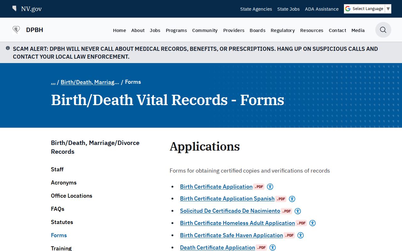 Sparks public records forms for Nevada birth and death certificates